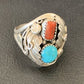 Navajo Blue Kingman Turquoise & Coral Feather Ring | Authentic Native American Sterling Silver | Multi-Stone | Sz 12 | 12217