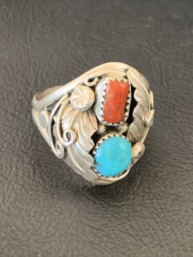 Navajo Blue Kingman Turquoise & Coral Feather Ring | Authentic Native American Sterling Silver | Multi-Stone | Sz 12 | 12217 - Masha USA