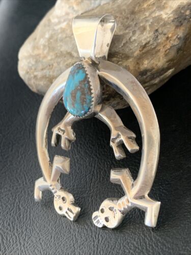 Navajo Bisbee Turquoise Naja Pendant | Sterling Silver | Men's Native American Handmade Necklace | 13796
