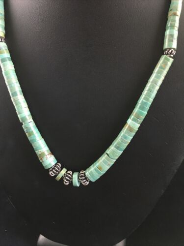 Navajo Green Turquoise Heishi Necklace | Sterling Silver | 22" | Graduated 10051