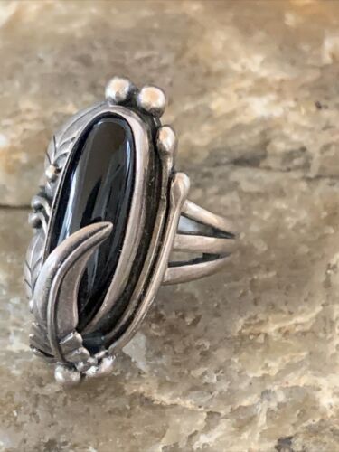 Native American Indian Design Black Onyx Ring | Sterling Silver | Sz 7 | 10798