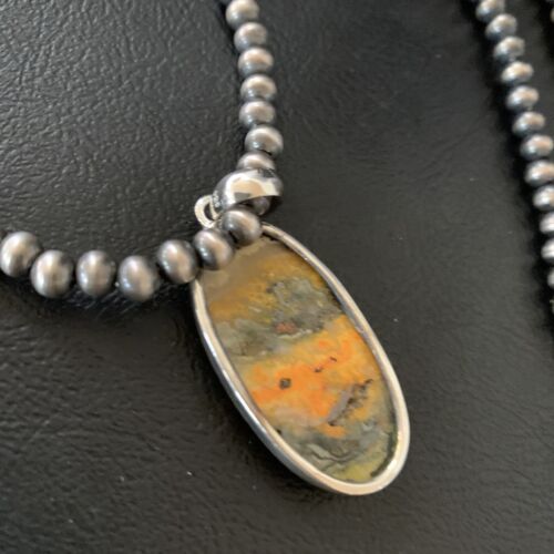 Navajo Yellow Bumblebee Jasper Pendant Necklace | Sterling Silver | Authentic Native American Handmade | 12809