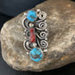Navajo Kingman Turquoise Coral Ring | Authentic Native American Sterling Silver | Multi-Stone | Sz 8 | 14129