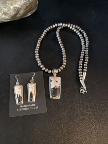 Navajo White Buffalo Turquoise Pendant | Sterling Silver Dangle Earrings | Authentic Native American Handmade | 14099
