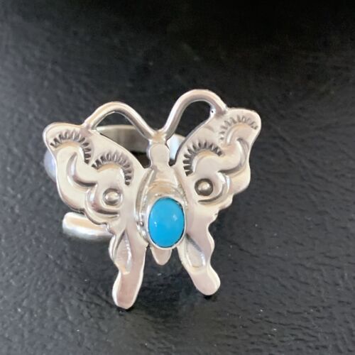 Navajo Blue Turquoise Butterfly Ring | Sterling Silver | Sz Adj 7 | Authentic Native American Handmade | 10677