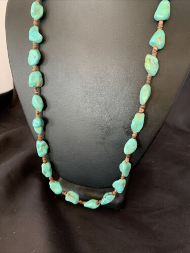 Navajo Pearls Nugget Blue Turquoise Necklace | Sterling Silver Shell | 26" | Authentic Native American Handmade | 12541