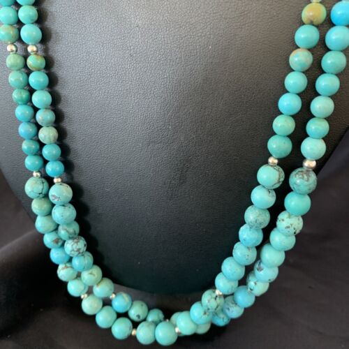 Navajo Blue Turquoise Bead Necklace | Sterling Silver | 25" | Authentic Native American Handmade | 11665 - Masha USA