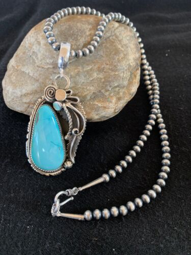 Navajo Royston Turquoise Pendant Necklace | Sterling Silver Pearls | Authentic Native American Handmade | 8735