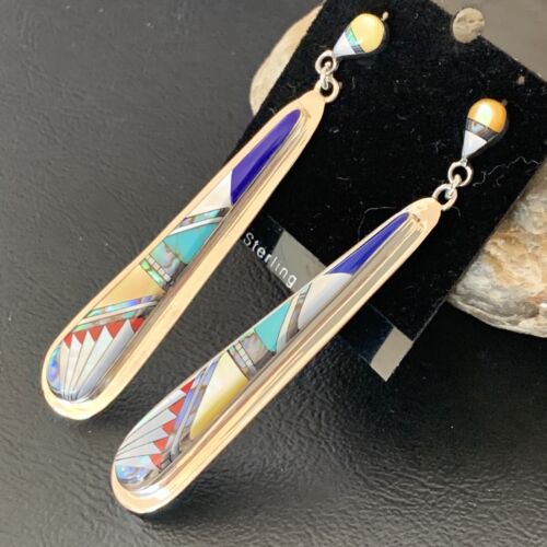 Navajo Multi-Color Turquoise Coral Mother of Pearl Inlay Earrings | Sterling Silver | 3" | 2097