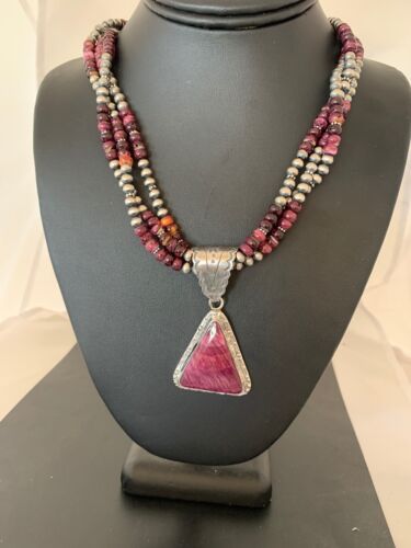 Navajo Purple Spiny Oyster Pendant Necklace | 3-Strand | Sterling Silver | Authentic Native American Handmade | 4107