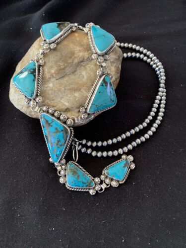 Navajo Lariat Necklace | Spiderweb Turquoise Pendant | Sterling Silver Navajo Pearls | 1187