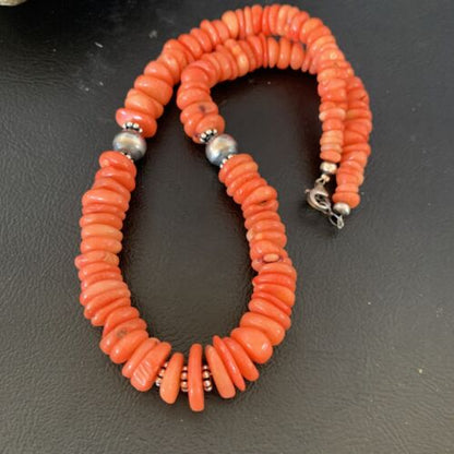 Native American Navajo Pink Coral Bead Necklace | Sterling Silver | 18" | 13230 | Graduated - Masha USA