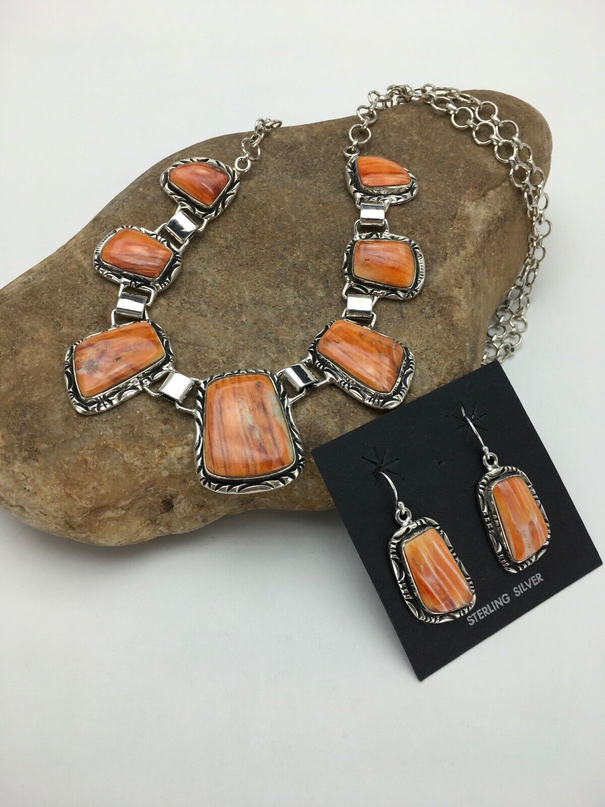 Navajo Orange Spiny Oyster Necklace & Earring Set | Sterling Silver | Authentic Native American Handmade | 2691