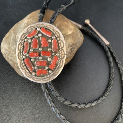 Navajo Men's Bolo Tie | Natural Red Coral Cluster | Sterling Silver | Authentic Native American Handmade | 13671