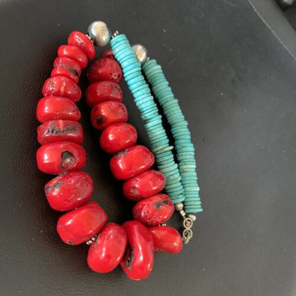 Navajo Red Coral & Turquoise Bead Necklace | Sterling Silver | Authentic Native American | 21" | 13163