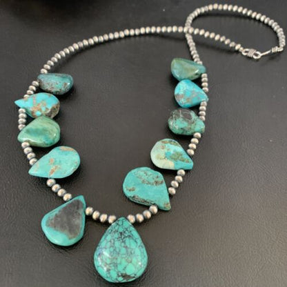 Southwestern Navajo Pearls Necklace | Sterling Silver | Blue Turquoise Teardrop | 13150