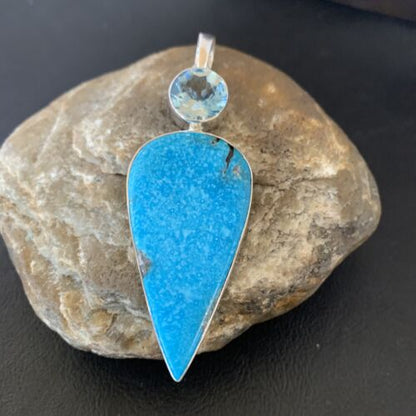 Navajo Blue Topaz Turquoise Pendant | Sterling Silver | 3" | Authentic Native American Handmade | 10709