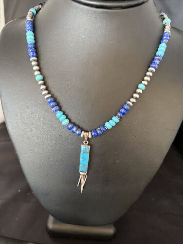 Native Blue Turquoise Lapis Navajo Sterling Silver Necklace Pendant 14637
