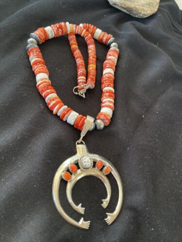 Turquoise Spiny Sterling Squash Blossom Necklace | Navajo Naja Pendant | Navajo Pearls | 21" | 00959