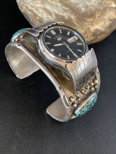 Navajo Sterling Silver Bracelet with Blue Kingman Turquoise | Men's Automatic Seiko Watch Cuff | Authentic Native American Jewelry | 12168