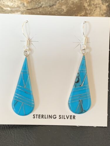 Navajo Blue Turquoise Inlay Dangle Drop Earrings | Sterling Silver | 1.5" | 12310