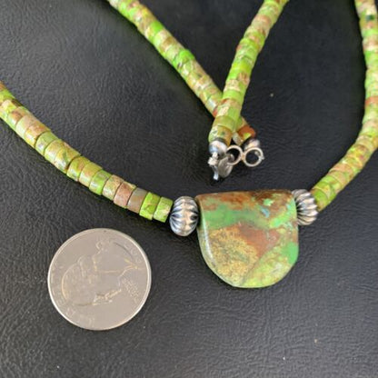Navajo Green Gaspeite Turquoise Pendant | Sterling Silver | Authentic Native American Handmade | 13913