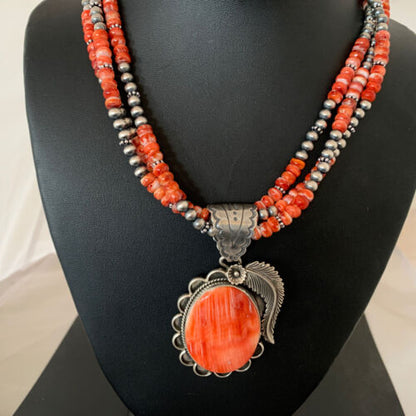 Navajo Red Spiny Oyster Pendant Necklace | 3 Strand Sterling Silver | Native American Handmade | 1327