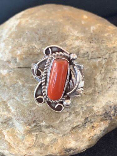 Navajo Red Coral Ring | Sterling Silver | Sz 9 | Authentic Native American Handmade | 01299 - Masha USA