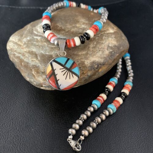 USA Zuni Sterling Turquoise Onyx Multi-Color Necklace Inlay Pendant 13563