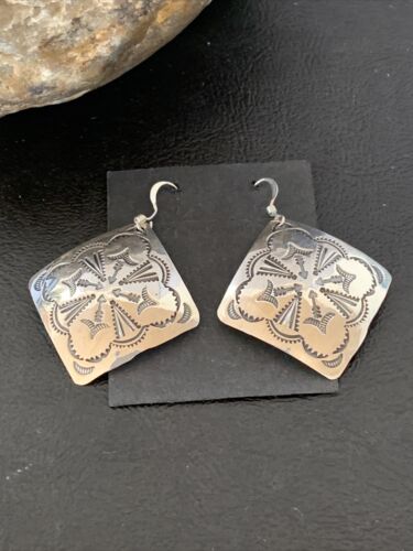 Native American Women's Dangle Earrings | Navajo Sterling Silver Stamped Handmade | 1656