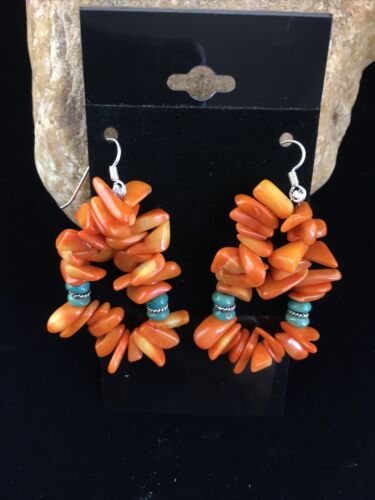 Navajo Orange Coral Turquoise Earrings Set | Sterling Silver | Authentic Native American Handmade | 1776