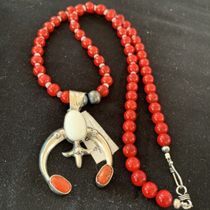 Navajo Sterling Silver Naja Pendant Necklace | White Buffalo Turquoise & Coral | Authentic Native American Handmade | 1433
