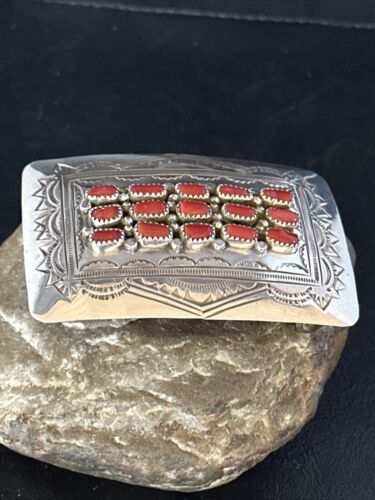 Navajo Red Coral Belt Buckle Concho | Sterling Silver | Authentic Native American Handmade | 14797