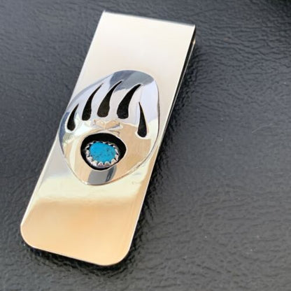 Navajo Handmade Turquoise Bear Paw Money Clip | Sterling Silver | Authentic Native American | 1568
