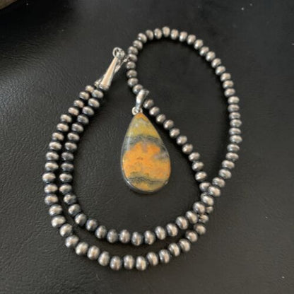 Navajo Yellow Bumblebee Jasper Pendant Necklace | Sterling Silver | Authentic Native American Handmade | 12807