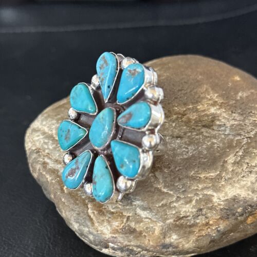 Navajo Blue Turquoise Cluster Ring | Authentic Native American Sterling Silver | Multi-Stone | Sz 7 | 14728