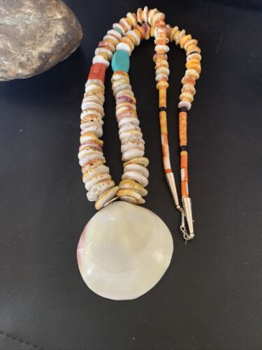Native American Santo Domingo Necklace | Silver Shell Turquoise | 32" | 12060