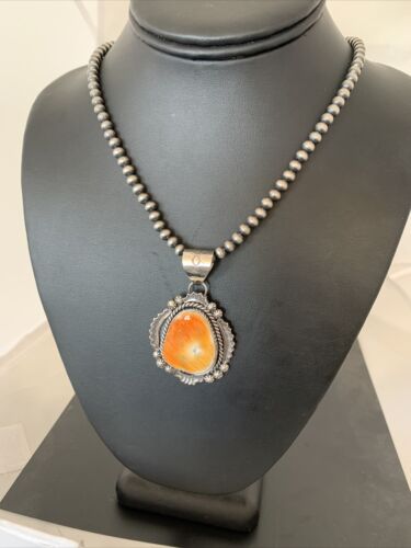 Navajo Orange Spiny Oyster Pendant Necklace | Sterling Silver Pearls | Authentic Native American Handmade | 00777