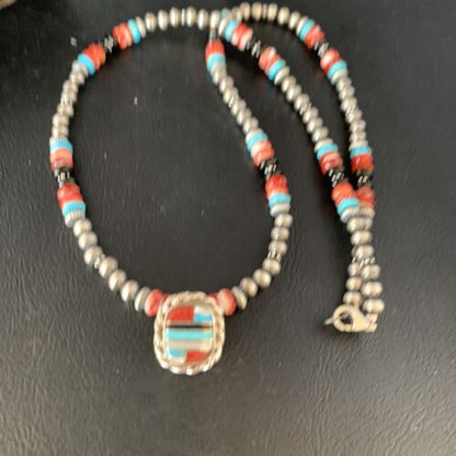 Authentic Navajo Sterling Silver Necklace | Turquoise & Onyx Multi-Color Inlay Pendant | Native American Jewelry | 13558
