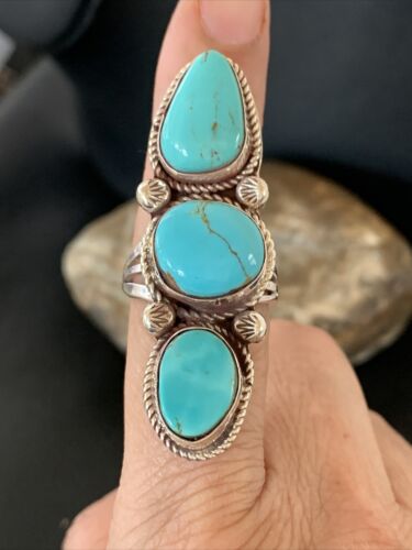 Navajo Blue Turquoise Cluster Ring | Authentic Native American Sterling Silver | Multi-Stone | Sz 8 | 2121