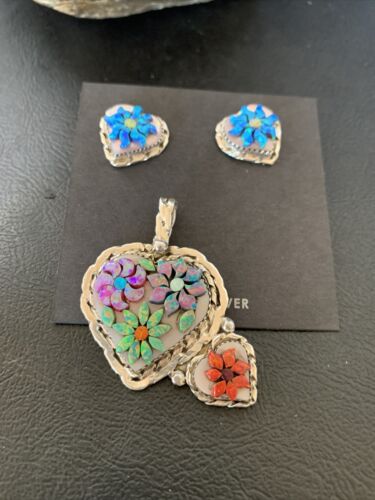 Zuni Multi-Color Opal & Mother of Pearl Necklace Pendant Earrings Set | Sterling Silver | Authentic Native American Handmade | 12560