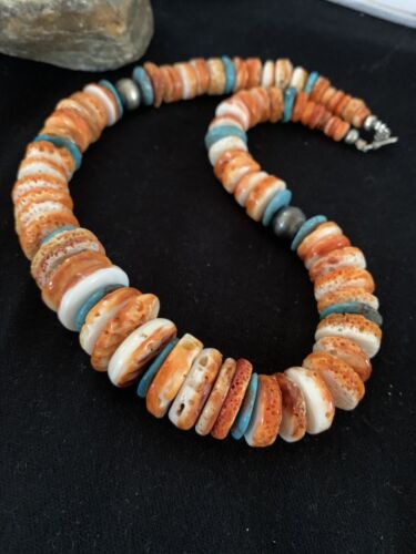 Authentic Native American Necklace | Orange Spiny Oyster & Turquoise | Navajo Pearls Sterling Silver | 20"