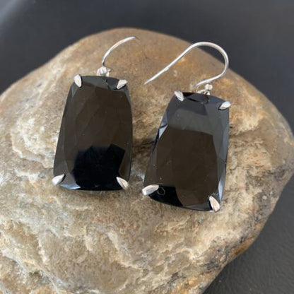Navajo Black Faceted Quartz Dangle Earrings | Sterling Silver | 1" | Authentic Native American Handmade | 12087
