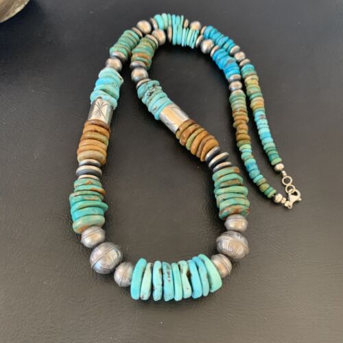 Navajo Blue Green Turquoise Barrel Beads Graduated Necklace | Sterling Silver | Authentic Native American Handmade | 26" | 12673