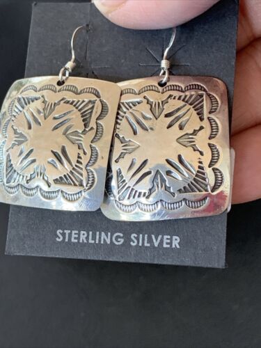 Native American Women's Dangle Earrings | Navajo Sterling Silver Stamped Handmade | 1665