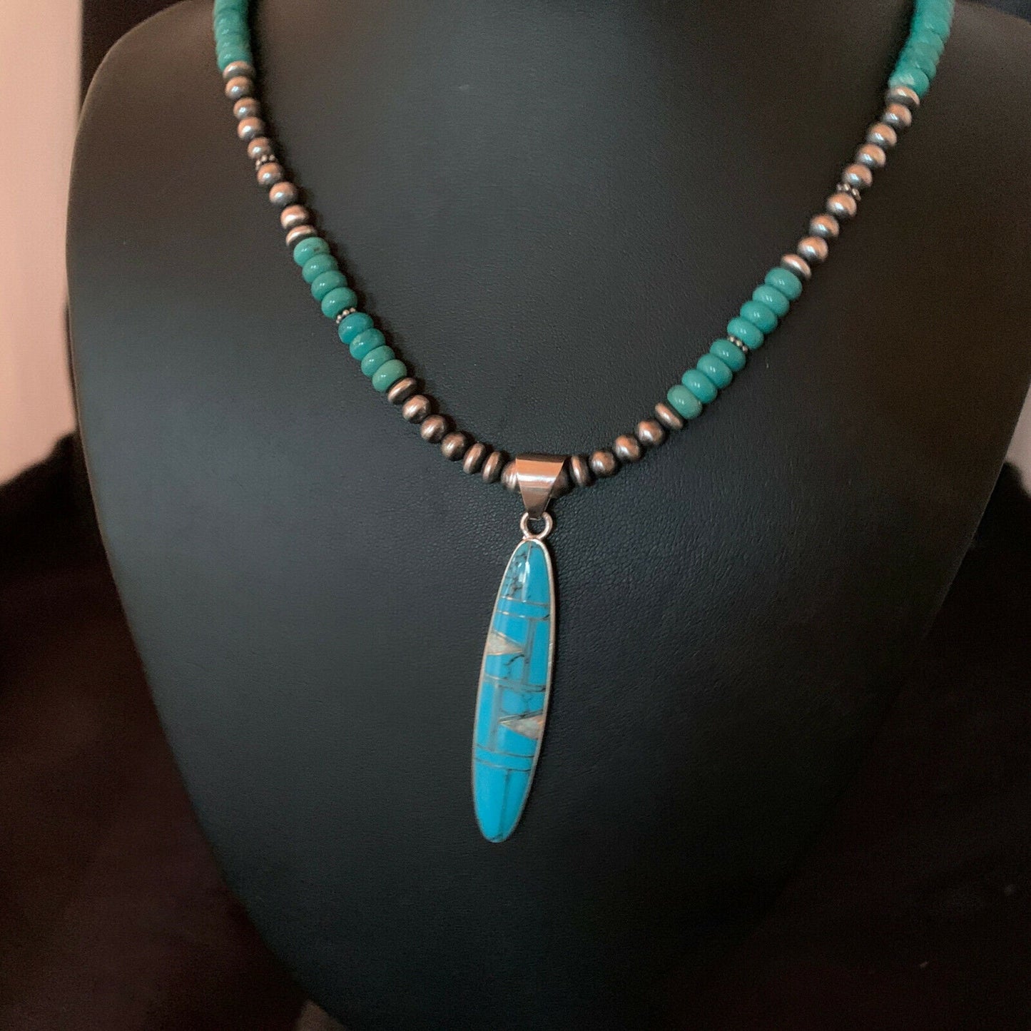 Authentic Native American Navajo Sterling Silver Pendant | Blue Turquoise & Opal Inlay Necklace | 11474