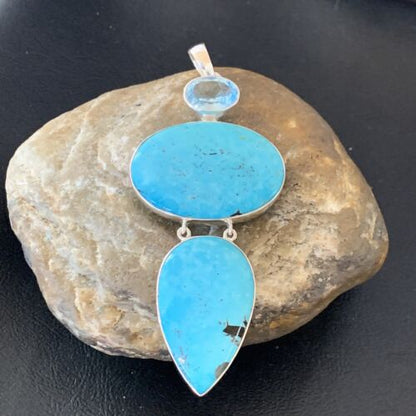 Navajo Blue Topaz Turquoise Multi-Stone Pendant | Authentic Native American Sterling Silver | 3.5" | 12024