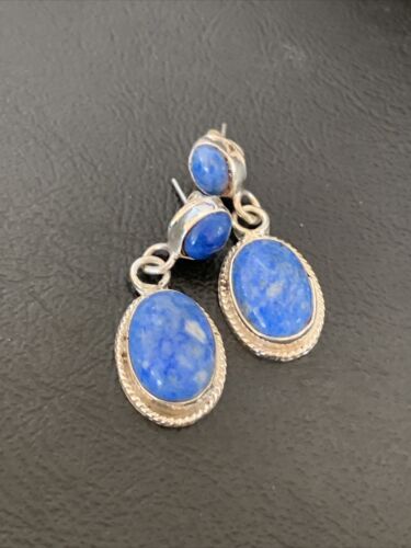 Navajo Denim Lapis Dangle Earrings | Sterling Silver | 1.1" | Authentic Native American Handmade | 1703