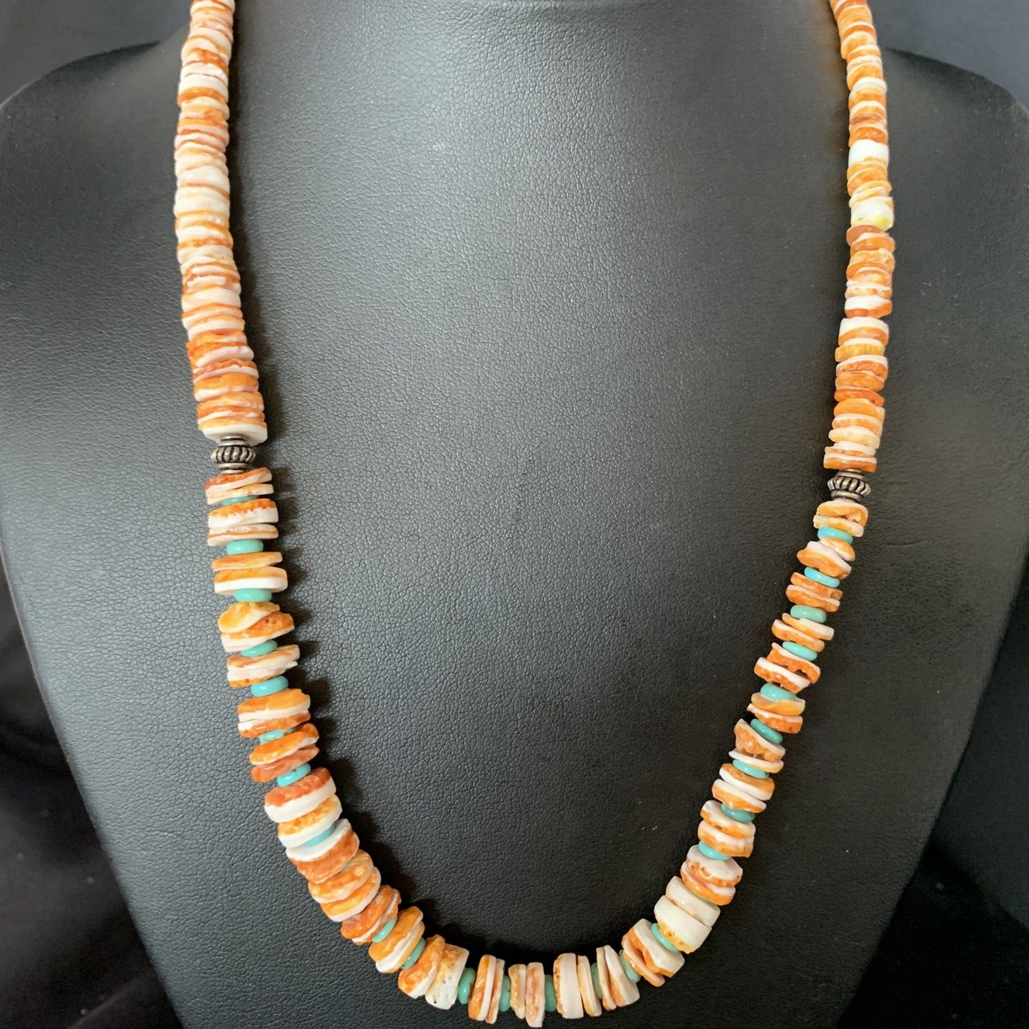 Navajo Turquoise & Orange Spiny Oyster Graduated Necklace | Sterling Silver | Authentic Native American | 21" | 13518