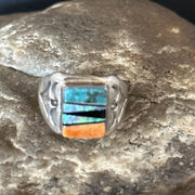 Navajo Sterling Silver Turquoise Spiny Oyster Inlay Ring | Sz 8.5 | Multi-Color | 14747